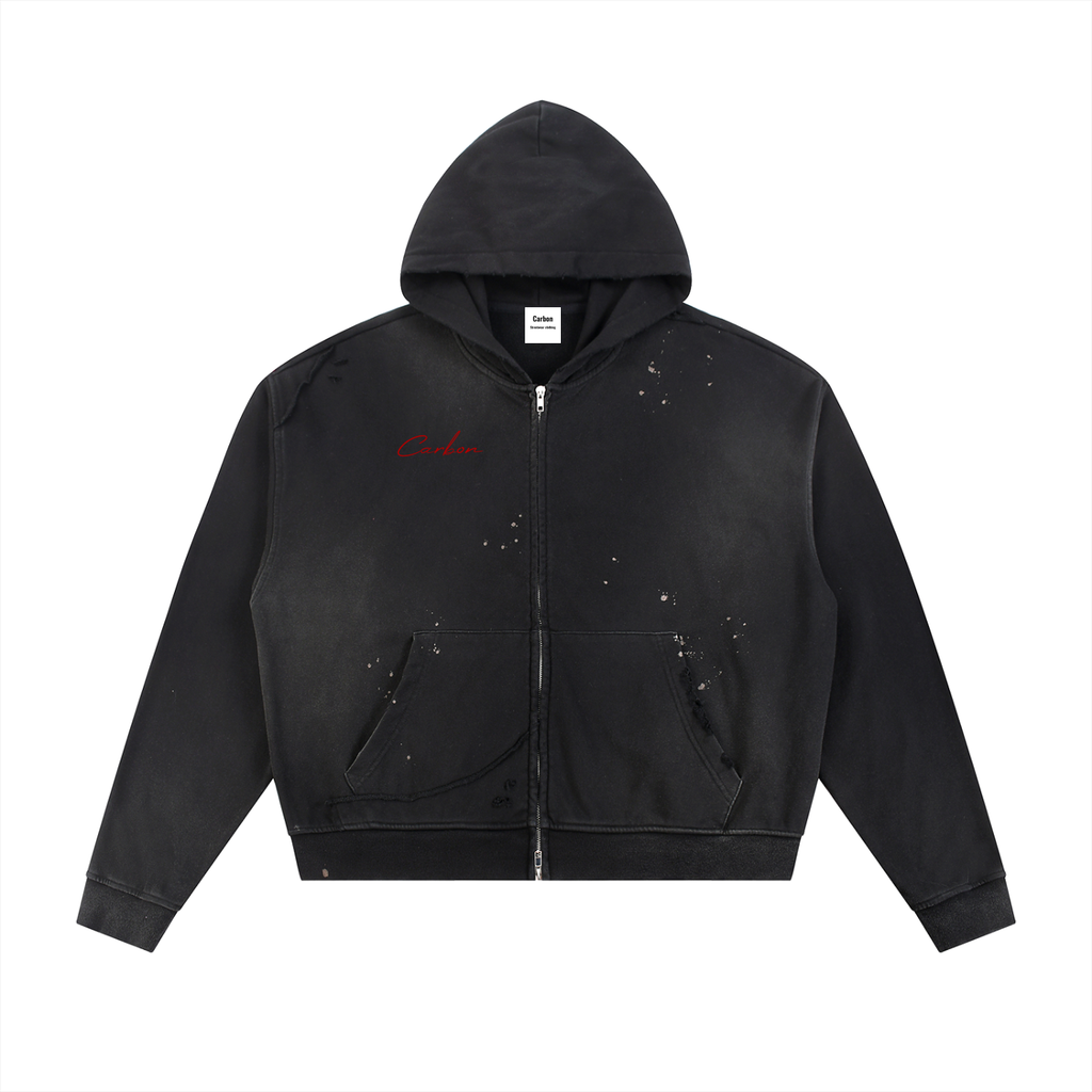 Sun Fade Frayed Raw Edge Fleece Zip Hoodie